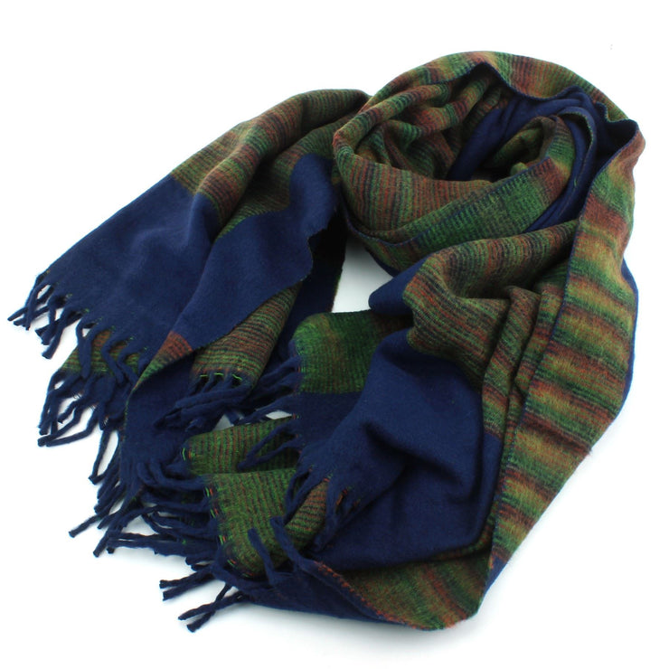 Tibetan Wool Blend Shawl Blanket - Navy with Green & Red Reverse