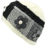 Ladies Wool Knit Beanie Hat with Flower Patch Design - Off White