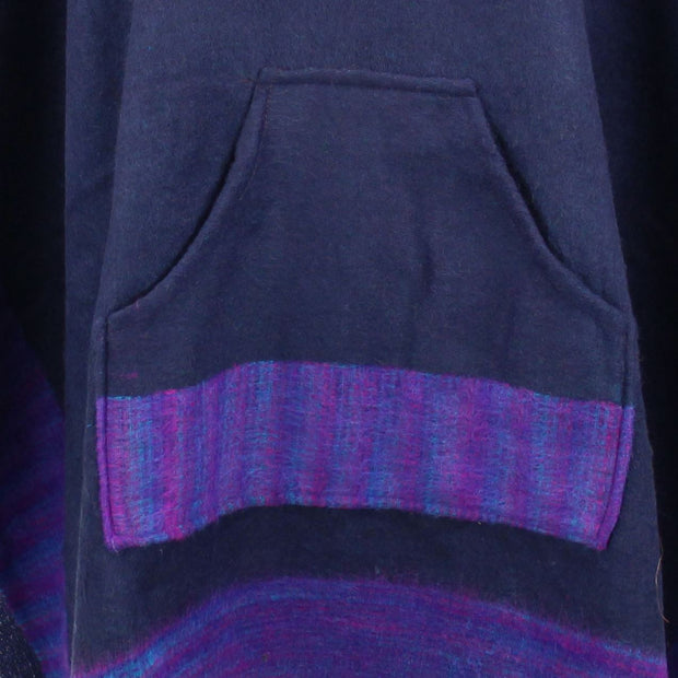 Soft Vegan Wool Hooded Tibet Poncho - Navy & Purple