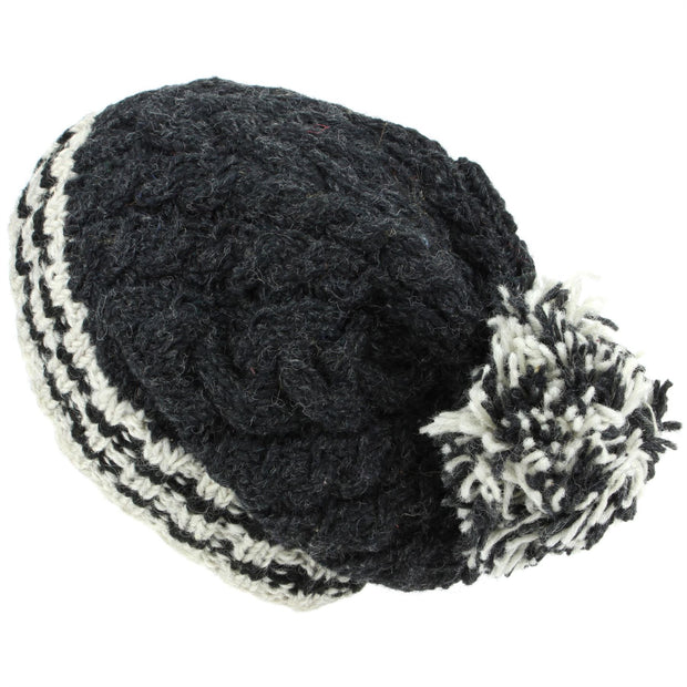 Chunky Wool Cable Knit Big Baggy Slouch Beanie Bobble Hat with Striped Brim - Charcoal