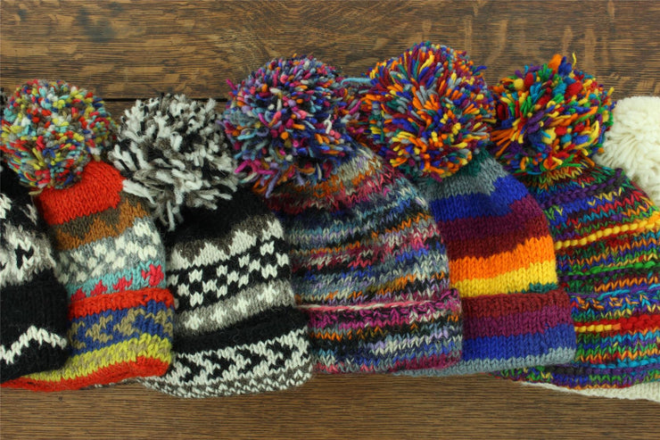 Hand Knitted Wool Beanie Bobble Hat - SD Rainbow 1