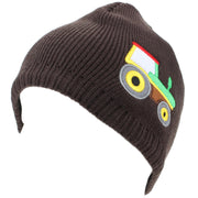 Childrens Fine Knit Beanie Hat with Embroidered Tractor - Brown