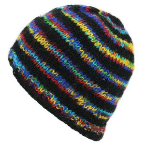 Bonnet en laine tricoté - rayure noir arc-en-ciel sd