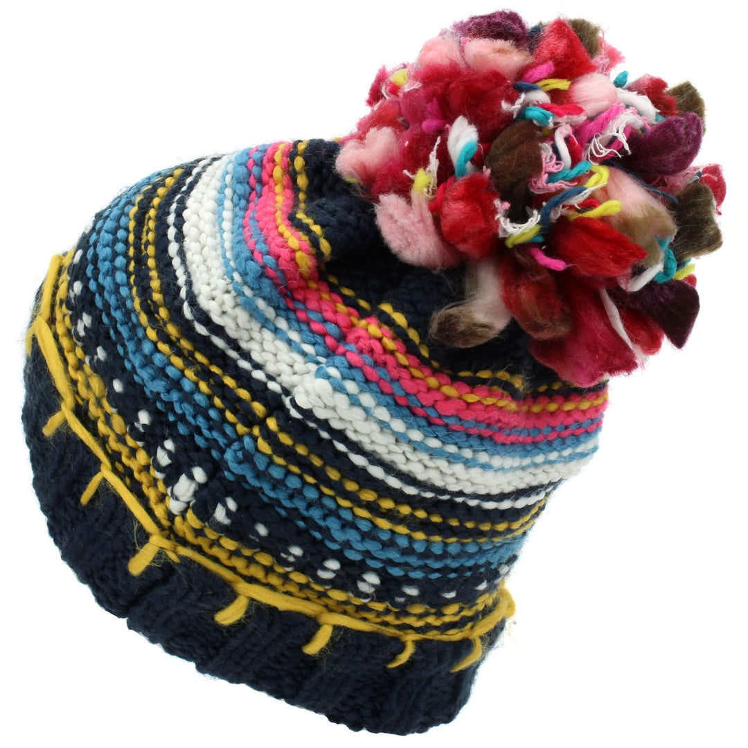 Stripe Knitted Beanie Hat with Bobble - Navy