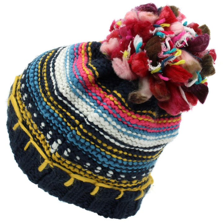 Stripe Knitted Beanie Hat with Bobble - Navy