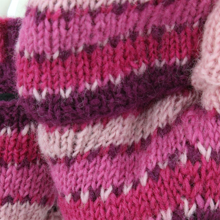 Chunky Wool Knit Fingerless Shooter Gloves - Stripe - Pink