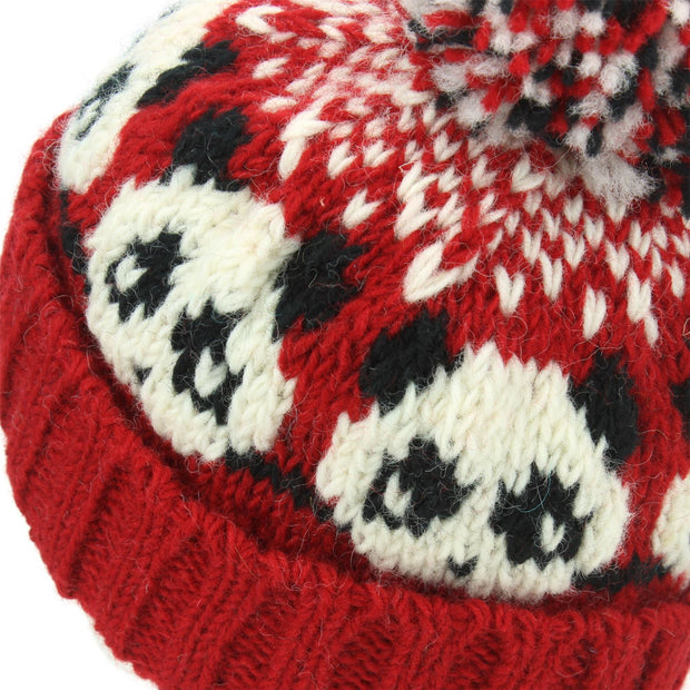 Wool Knit Bobble Beanie Hat - Panda - Red White