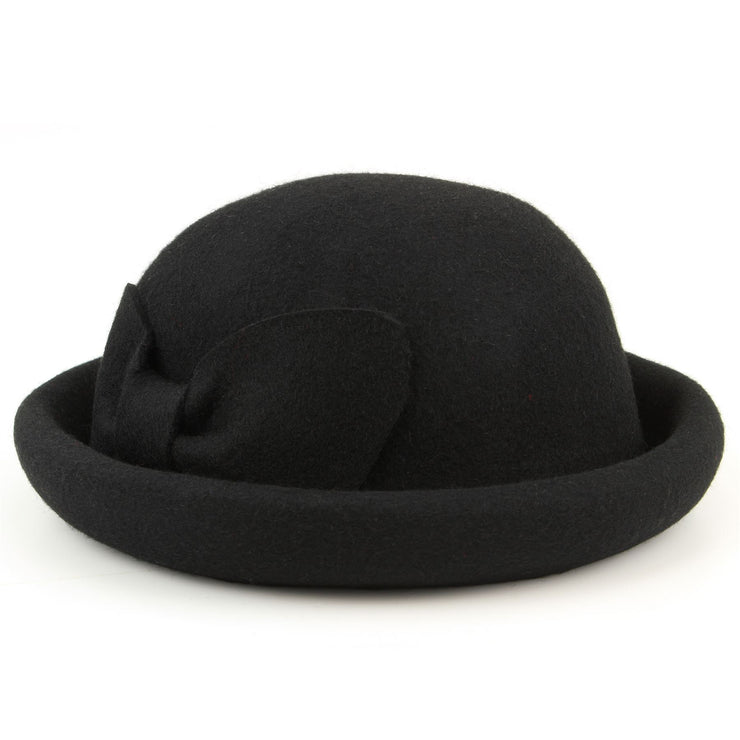 Wool felt rolled brim bowler hat with large bow - Black