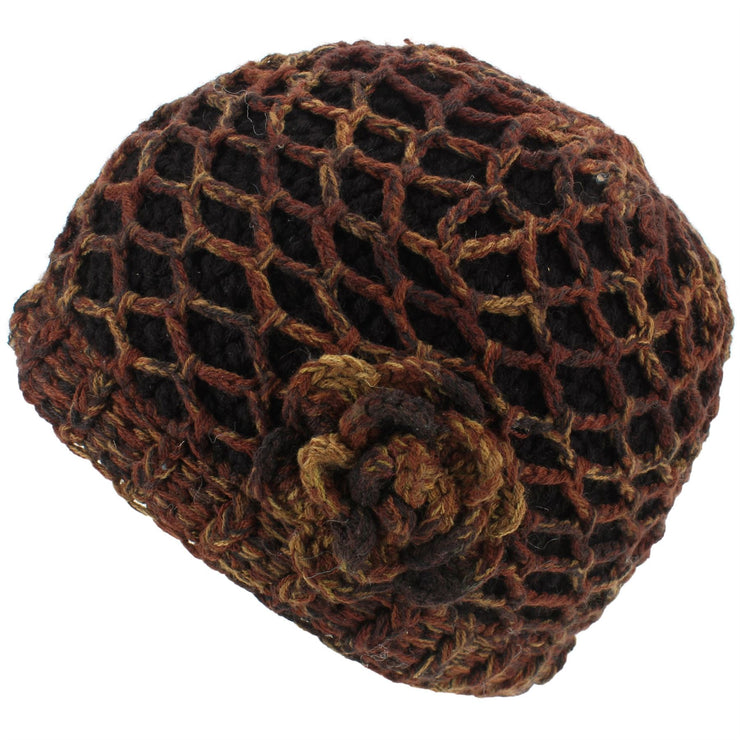Acrylic Knit Lattice Flower Beanie Hat - Brown