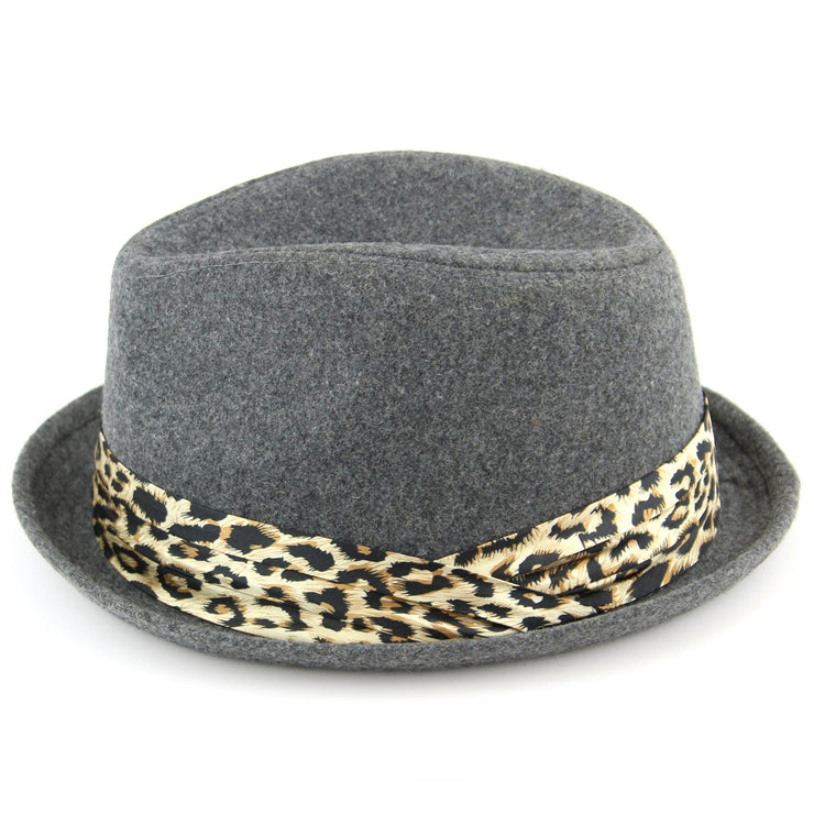 Women's felt rolled brim trilby hat with satin leopard print band - Grey (57cm)