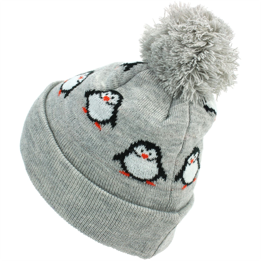 Kids Penguin Bobble Beanie Hat - Grey