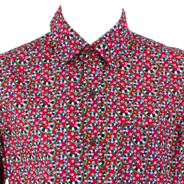 Regular Fit Short Sleeve Shirt - Black & White Swirls on Red