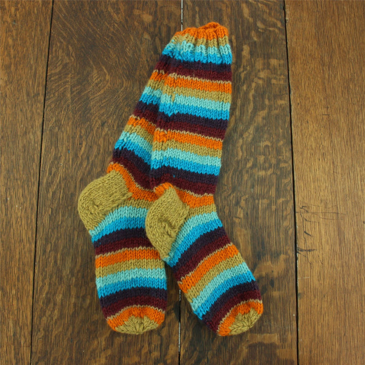 Hand Knitted Wool Long Socks - Stripe Retro C