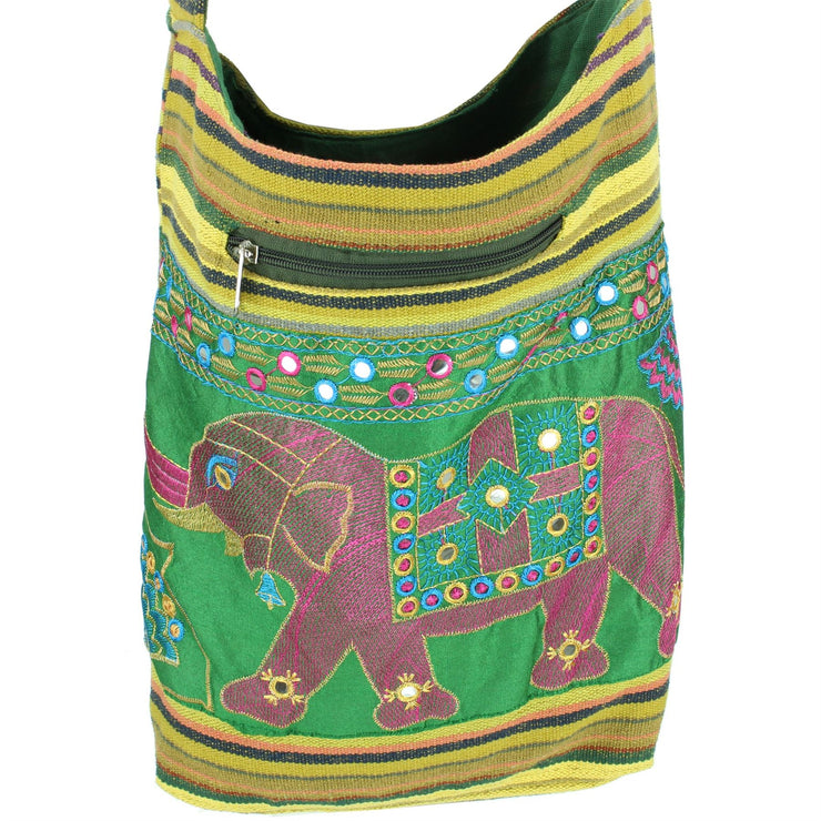 Embroidered Elephant Canvas Sling Shoulder Bag - Light Green