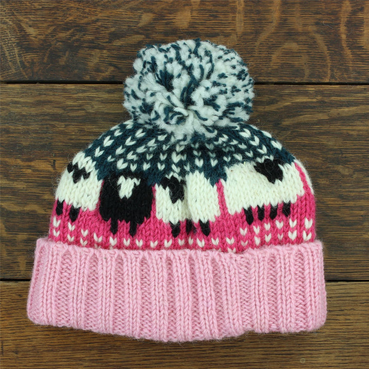 Hand Knitted Wool Beanie Bobble Hat - Sheep - Bright Pink
