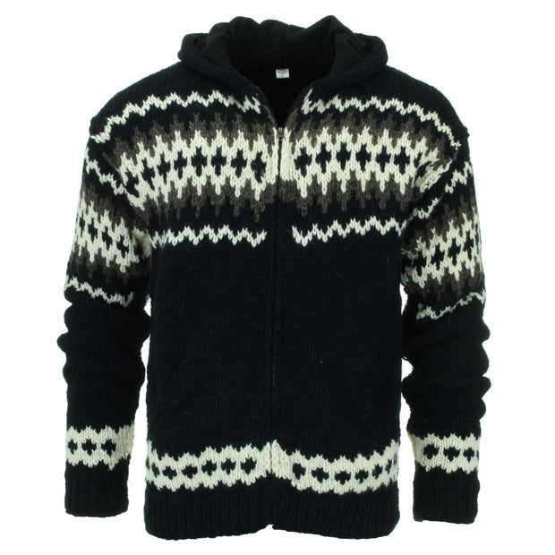 Hand Knitted Wool Hooded Jacket Cardigan - Fairisle Black