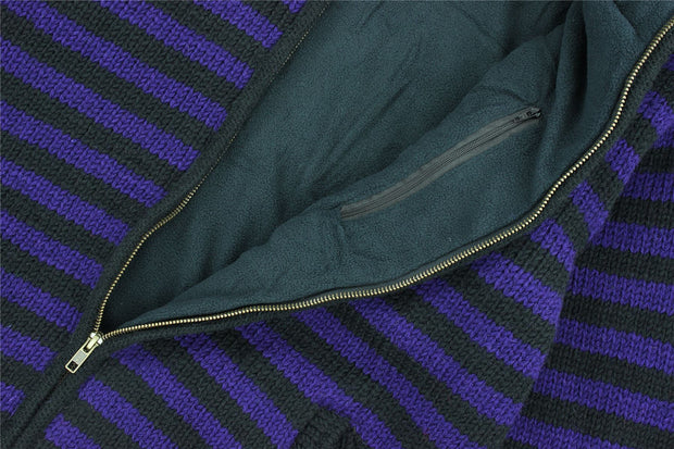 Hand Knitted Wool Jacket Cardigan - Stripe Purple Black