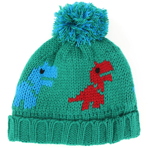 Children's Dinosaur Beanie Bobble Hat  - Green