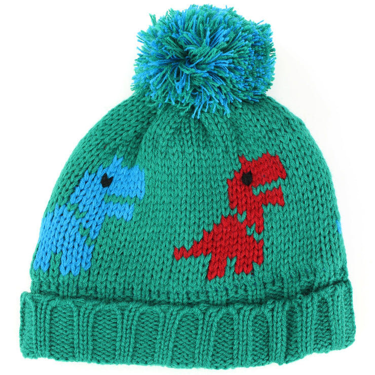 Children's Dinosaur Beanie Bobble Hat  - Green