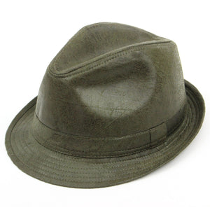 Vintage effekt knækket læder trilby hat - Oliven
