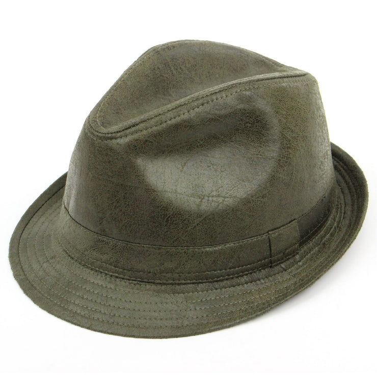 Vintage effect cracked leather trilby hat - Olive