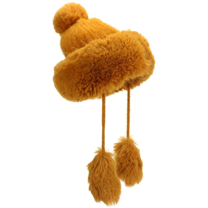 Macahel Soft Fur Bobble Hat with Tassels - Mustard