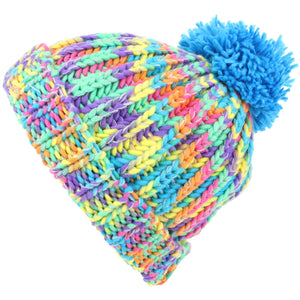 Children's Chunky Rainbow Knit Bobble Beanie Hat - Blue Bobble