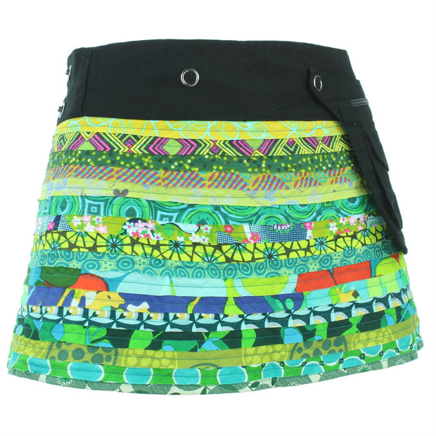 Reversible Popper Wrap Children's Size Mini Skirt - Green Patch Strips / Floral Oyster