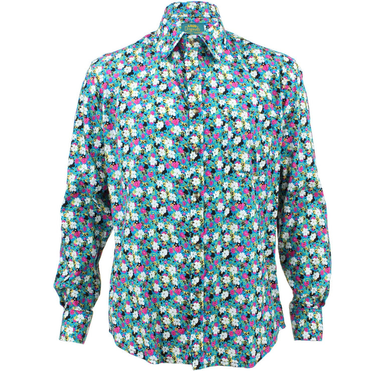 Tailored Fit Long Sleeve Shirt - Multi-coloured Floral on Turquoise