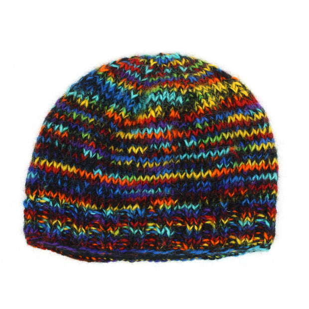 Hand Knitted Wool Beanie Hat - SD Black Rainbow