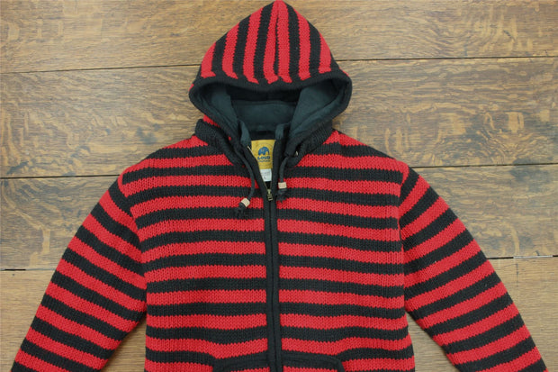 Hand Knitted Wool Hooded Jacket Cardigan - Stripe Red Black