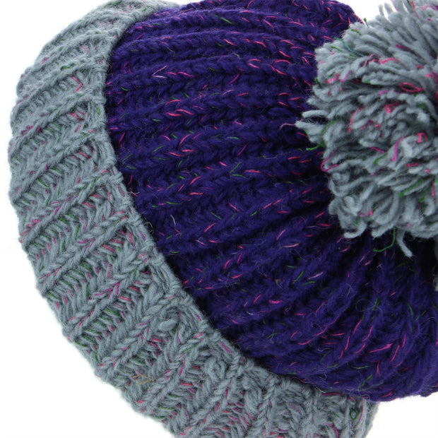 Wool Knit Beanie Bobble Hat - Purple & Grey