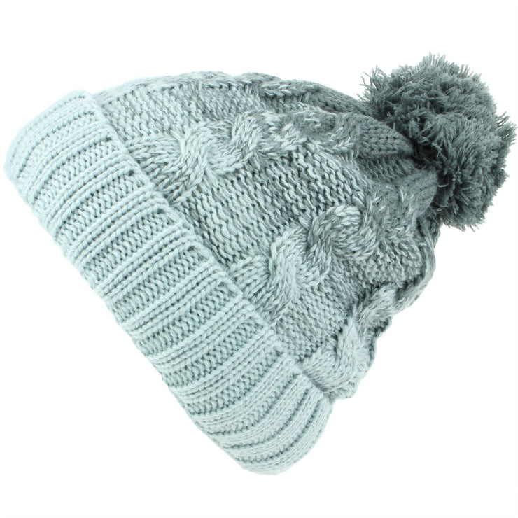 Cable Knit Bobble Beanie Hat with Super Soft Fleece Lining - Grey