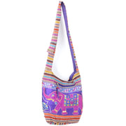 Embroidered Elephant Canvas Sling Shoulder Bag - Purple