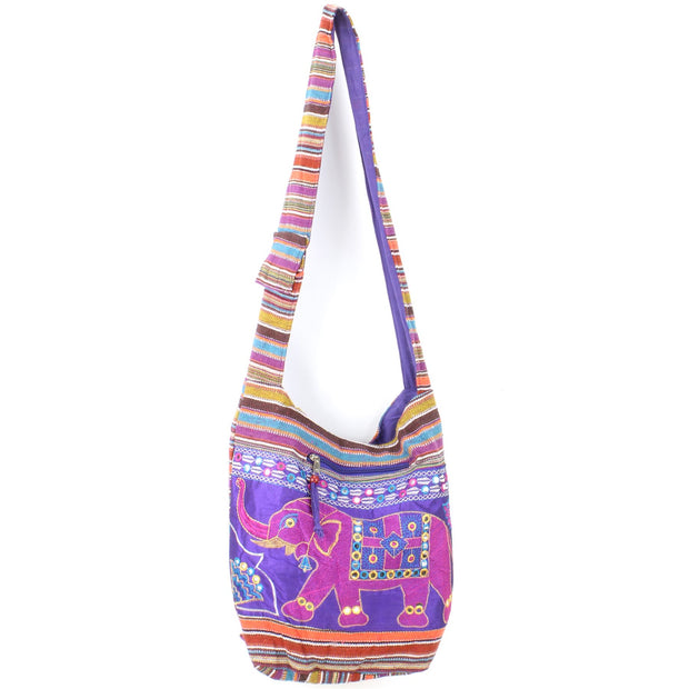 Embroidered Elephant Canvas Sling Shoulder Bag - Purple