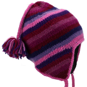 Bonnet à pompon en tricot de laine - rayure rose violet