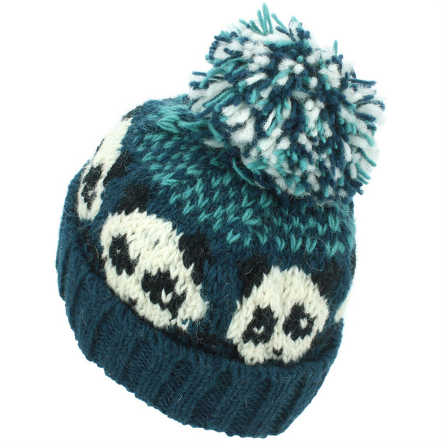 Wool Knit Bobble Beanie Hat - Panda - Teal Green