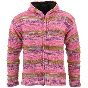 Veste cardigan à capuche côtelée en tricot de laine épaisse à teinture spatiale - rose