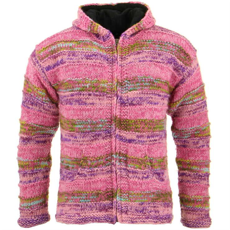 Space Dye Chunky Wool Knit Ribbed Hooded Cardigan Jacket - Pink