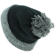 Chunky Double Knit Beanie Hat with Contrast Marl Bobble and Turn-up - Black