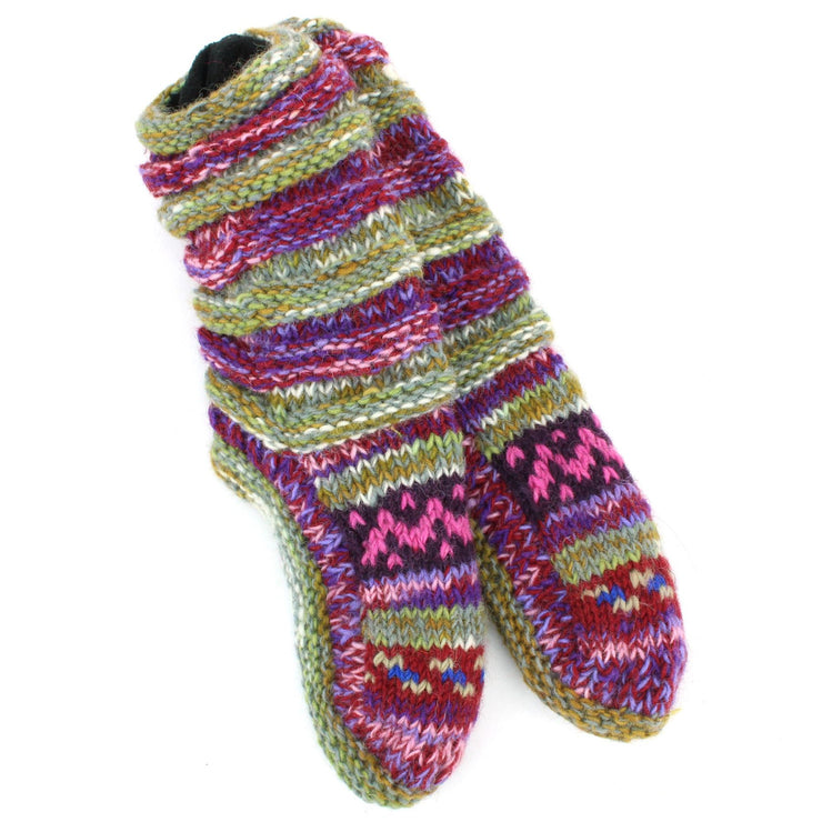 Hand Knitted Wool Slipper Socks Lined - SD Purple Green
