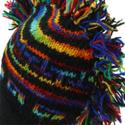 Wool Knit 'Punk' Mohawk Earflap Beanie Hat - Black & Rainbow SD