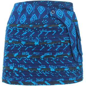 Mini jupe portefeuille popper réversible - bandes patch indigo / rayure indigo