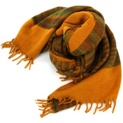 Tibetan Wool Blend Shawl Blanket - Mustard with Orange & Green Reverse