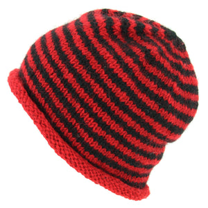Hand Knitted Wool Beanie Hat - Stripe Red Black