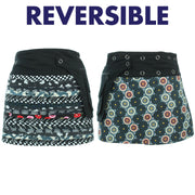 Reversible Popper Wrap Mini Skirt - Black Patch Strips / Kaleidoscope