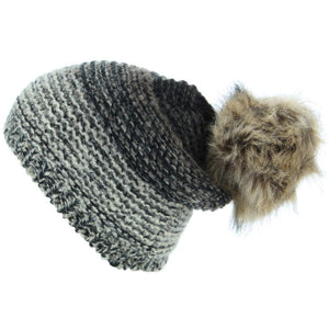 Chunky Knit 2-Tone Slouch Beanie Hat with Faux Fur Bobble - Brown