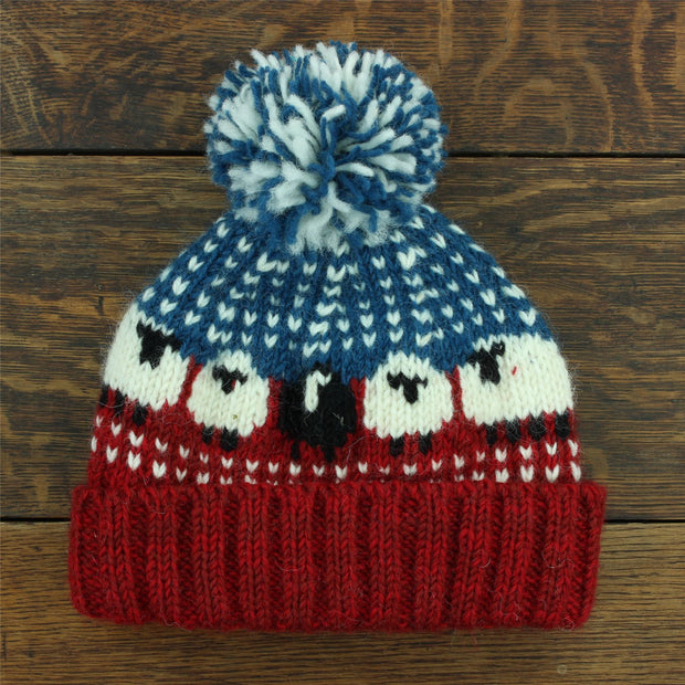 Hand Knitted Wool Beanie Bobble Hat - Sheep - Red Blue