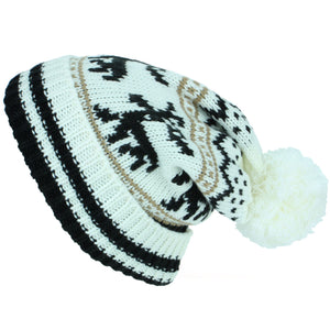 Chunky Slouch Bobble Beanie Hat with Reindeer Pattern - White & Black