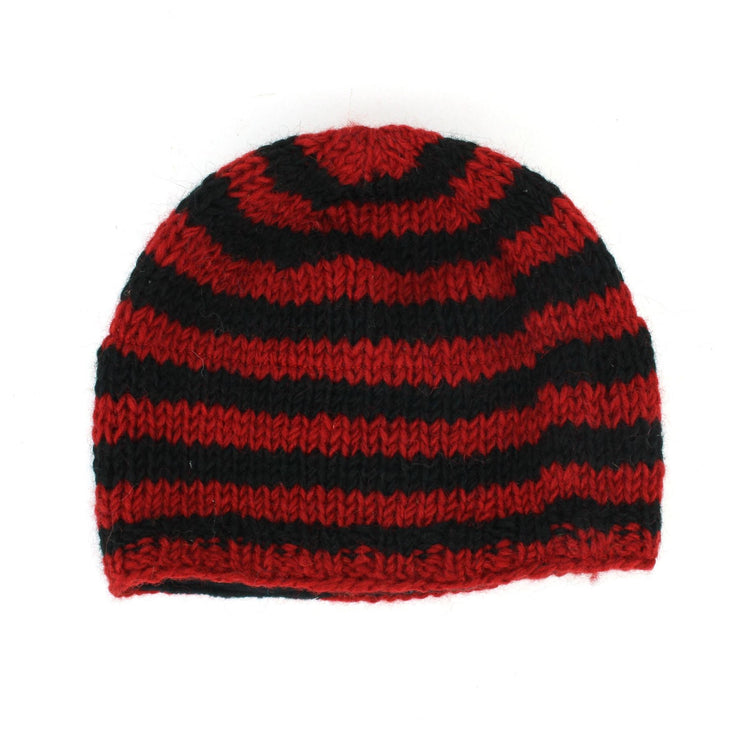Wool Knit Beanie Hat - Stripe Red Black